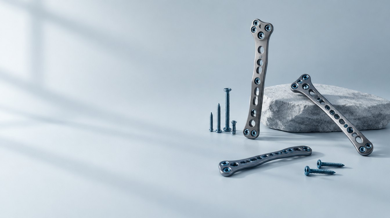 Placas y tornillos de osteosíntesis sobre una superficie clara